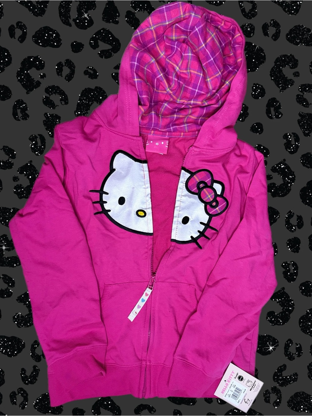 Hello Kitty Hot Pink Zip-Up Hoodie w/ Plaid Hood  Brand New with Tags